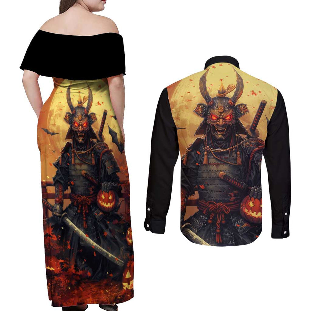 Samurai Halloween Couples Matching Off Shoulder Maxi Dress and Long Sleeve Button Shirt Japan Art Style