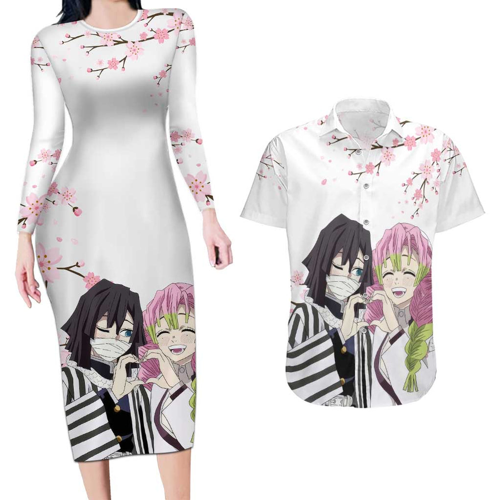 Mutsuri And Obanai - Demon Slayer Couples Matching Long Sleeve Bodycon Dress and Hawaiian Shirt Anime Style