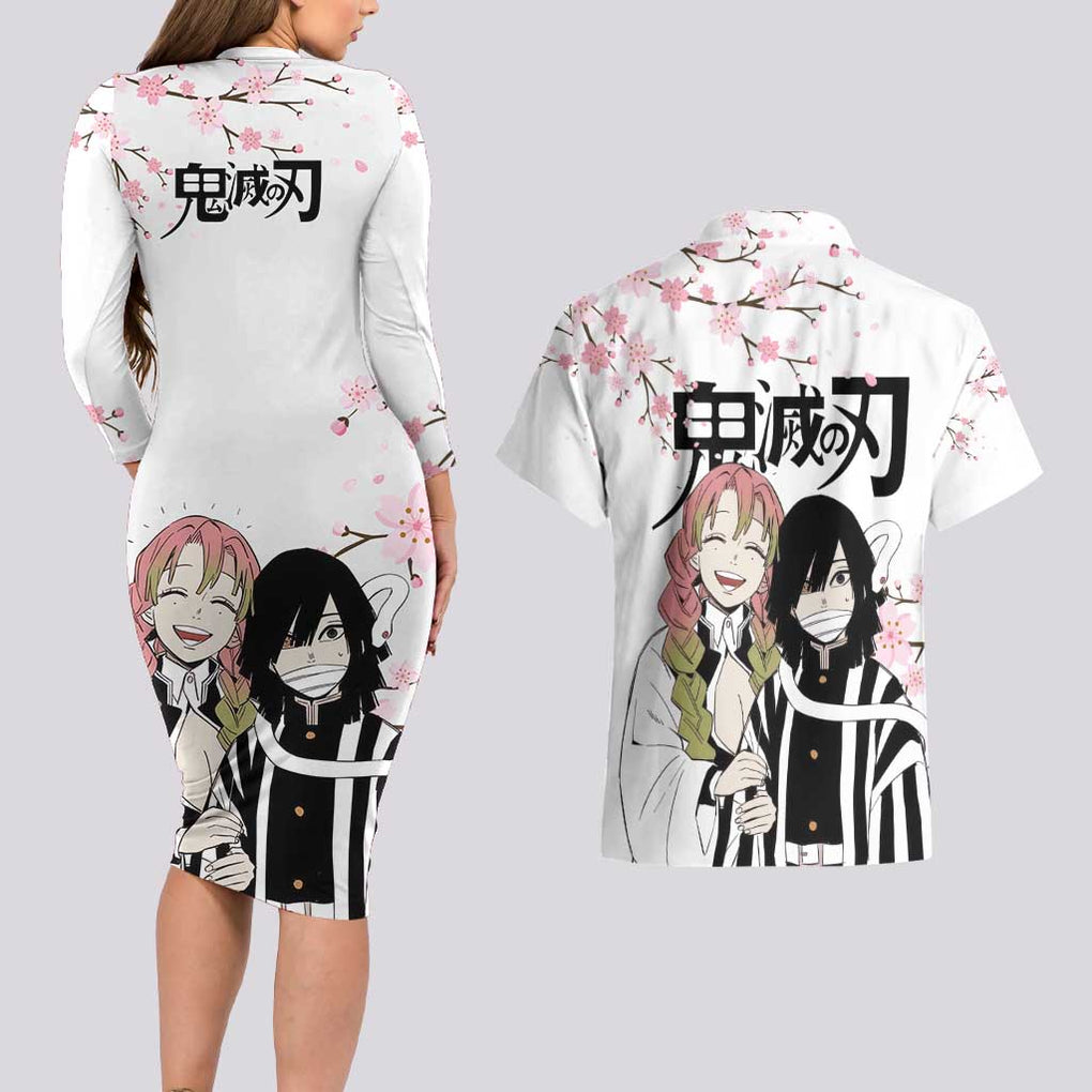 Mutsuri And Obanai - Demon Slayer Couples Matching Long Sleeve Bodycon Dress and Hawaiian Shirt Anime Style