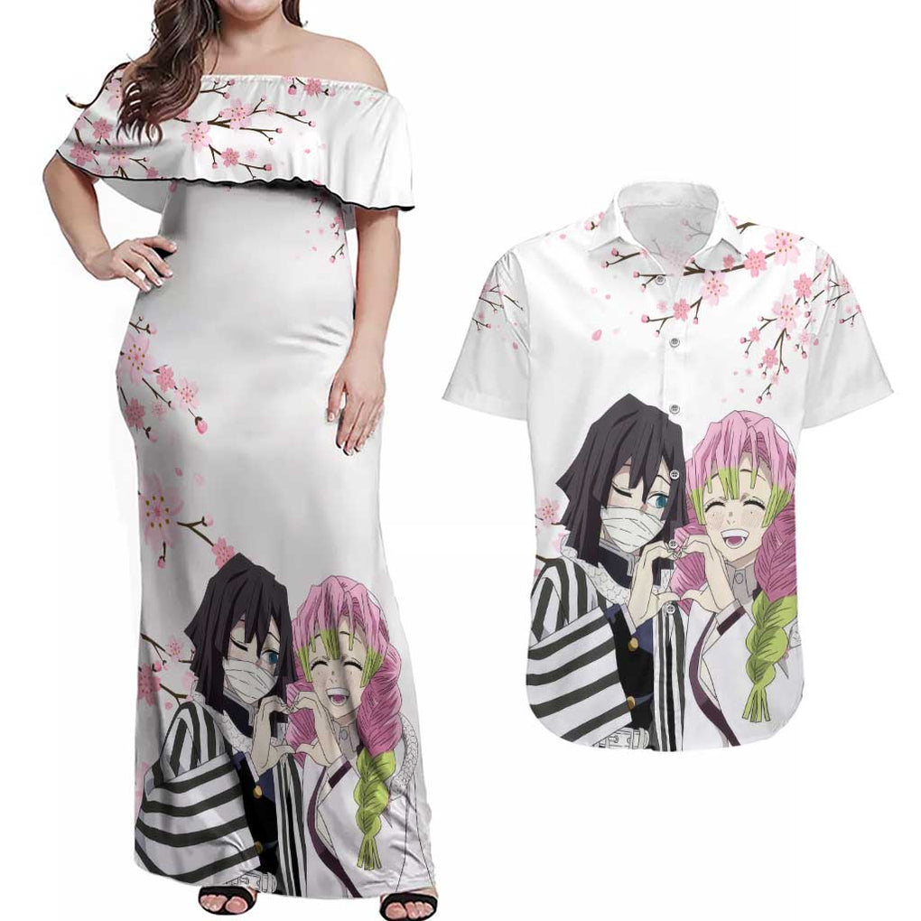 Mutsuri And Obanai - Demon Slayer Couples Matching Off Shoulder Maxi Dress and Hawaiian Shirt Anime Style
