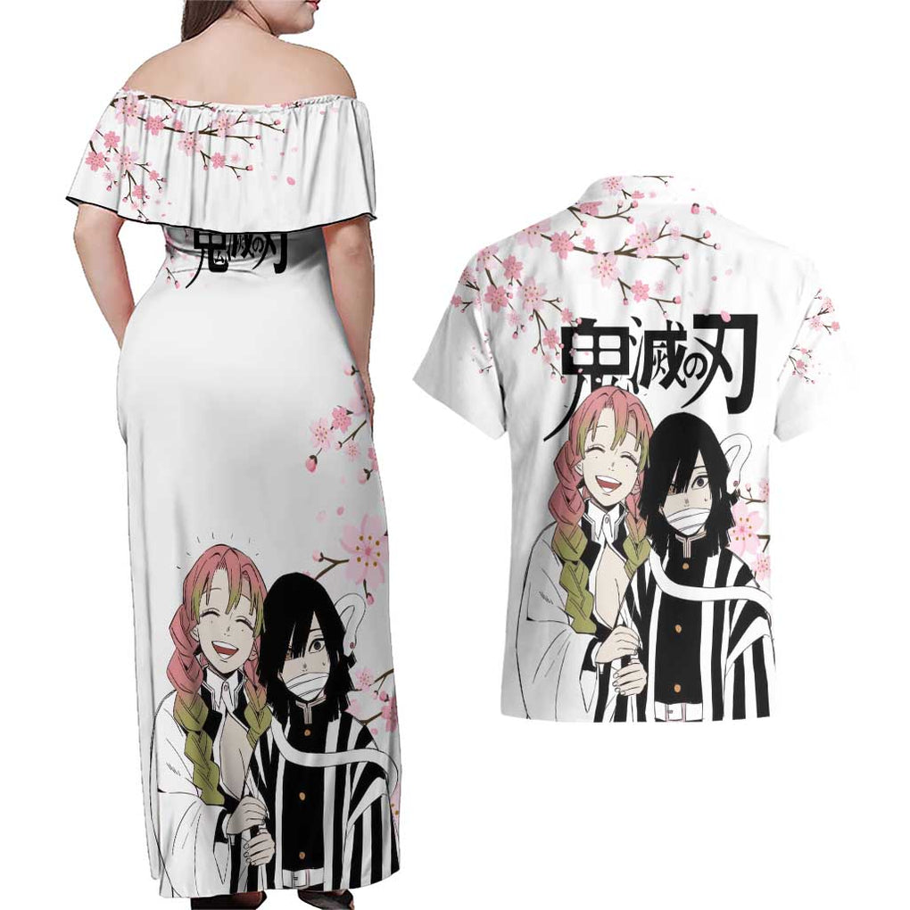 Mutsuri And Obanai - Demon Slayer Couples Matching Off Shoulder Maxi Dress and Hawaiian Shirt Anime Style