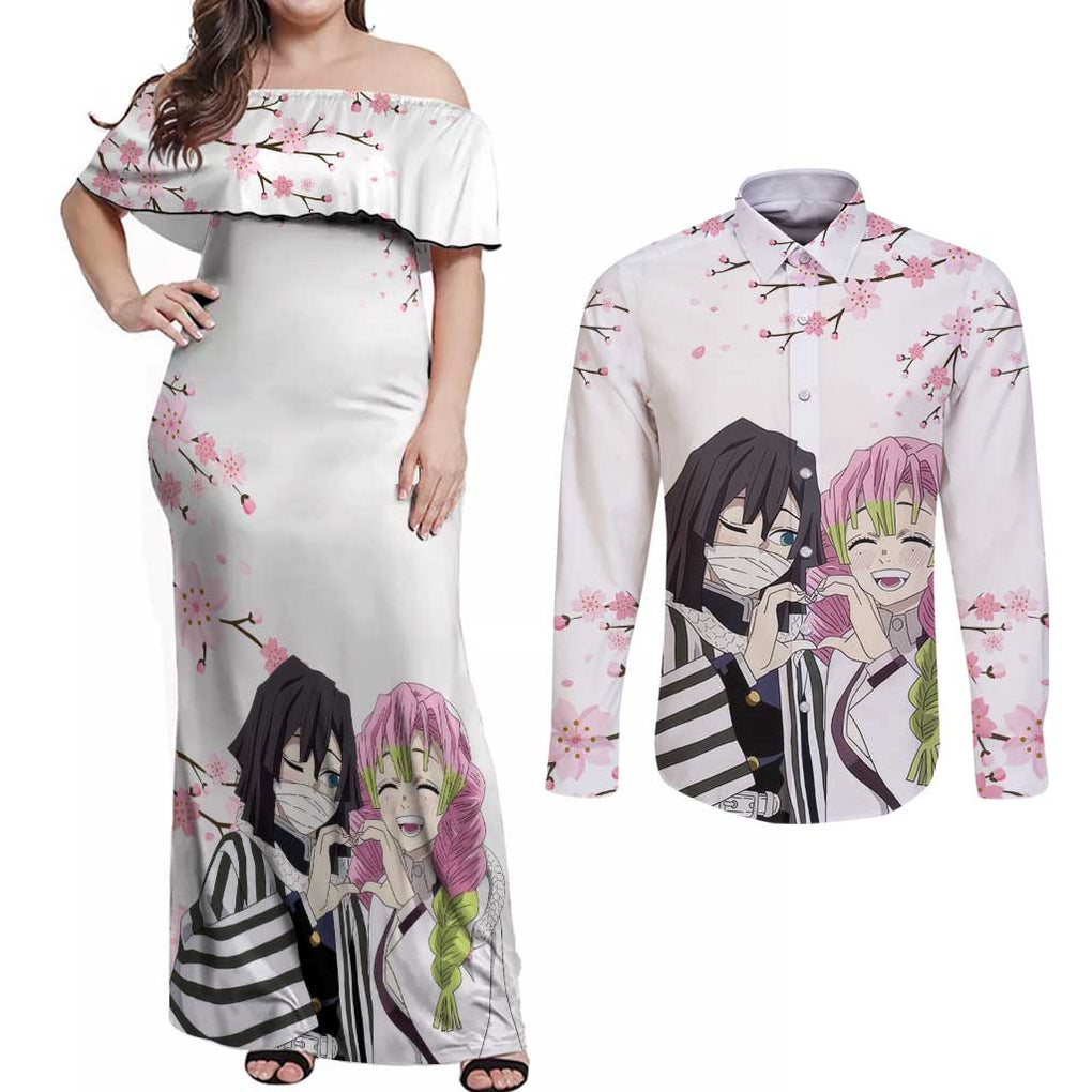 Mutsuri And Obanai - Demon Slayer Couples Matching Off Shoulder Maxi Dress and Long Sleeve Button Shirt Anime Style