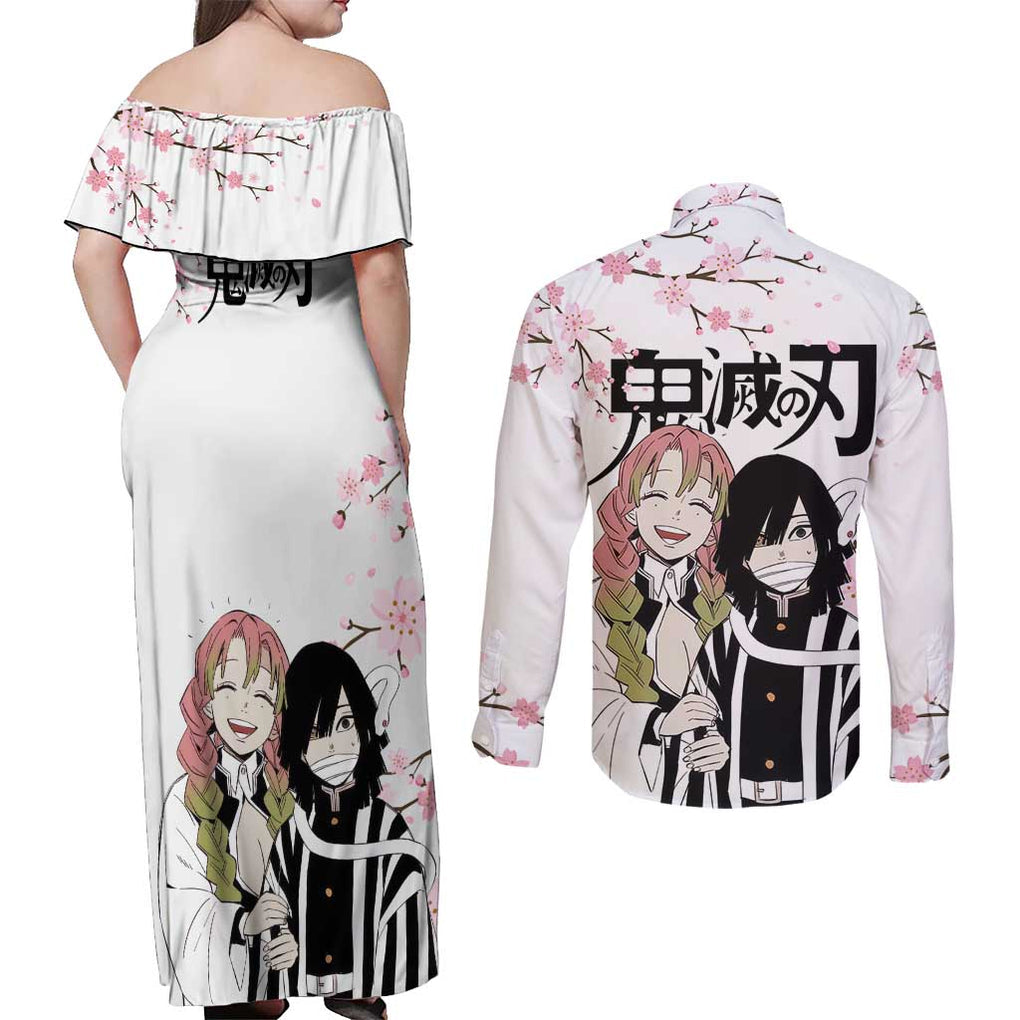 Mutsuri And Obanai - Demon Slayer Couples Matching Off Shoulder Maxi Dress and Long Sleeve Button Shirt Anime Style