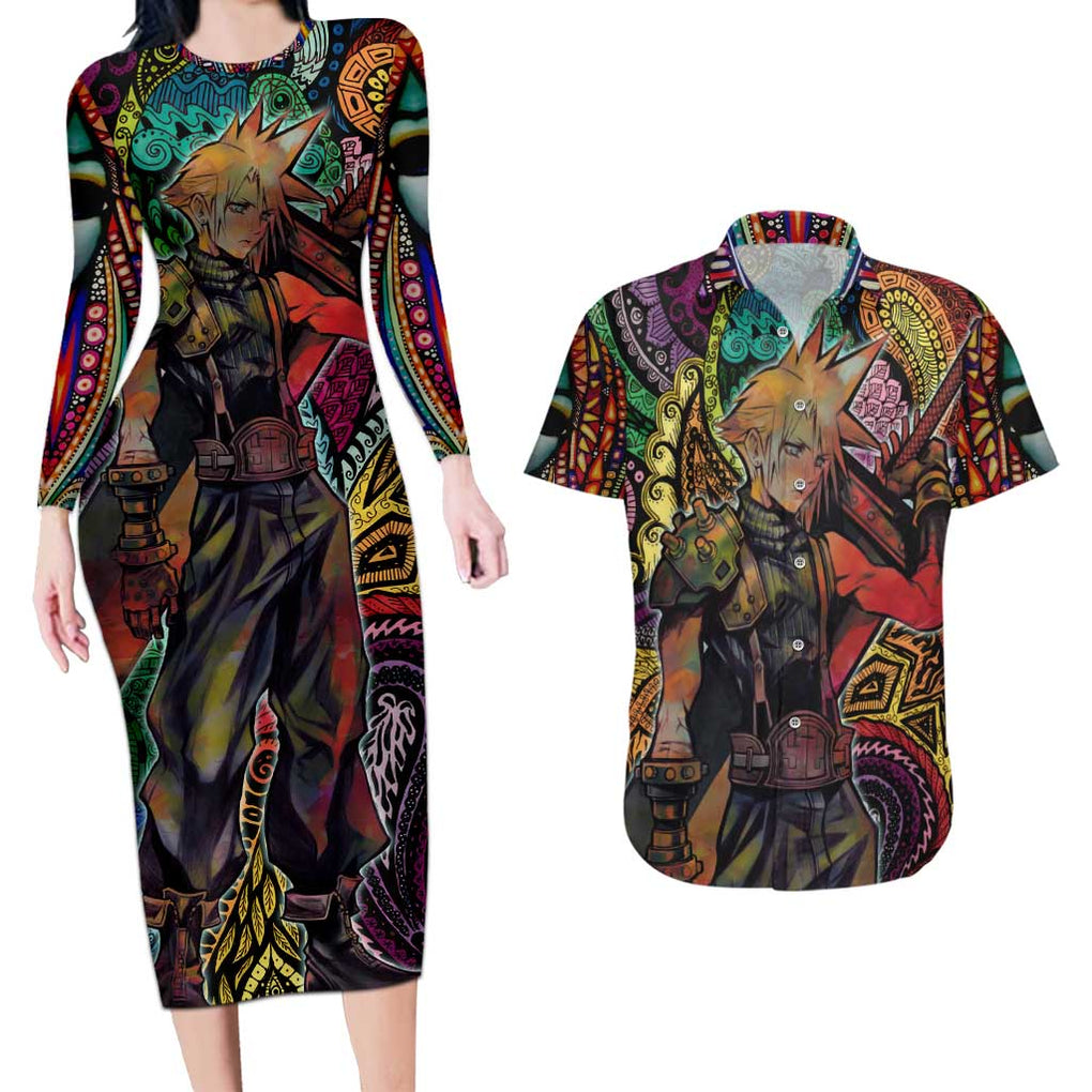 Trippy Cloud Strife Final Fantasy 7 Couples Matching Long Sleeve Bodycon Dress and Hawaiian Shirt Trippy Style