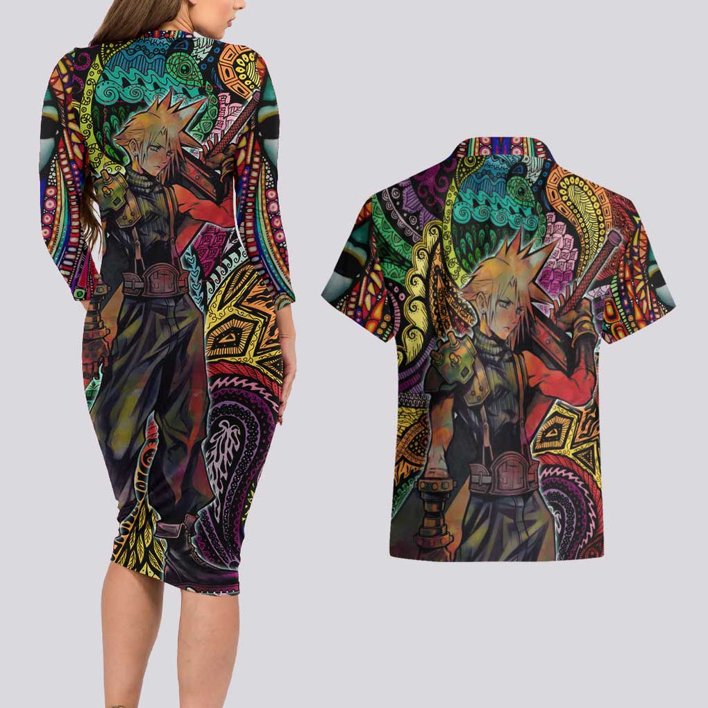 Trippy Cloud Strife Final Fantasy 7 Couples Matching Long Sleeve Bodycon Dress and Hawaiian Shirt Trippy Style