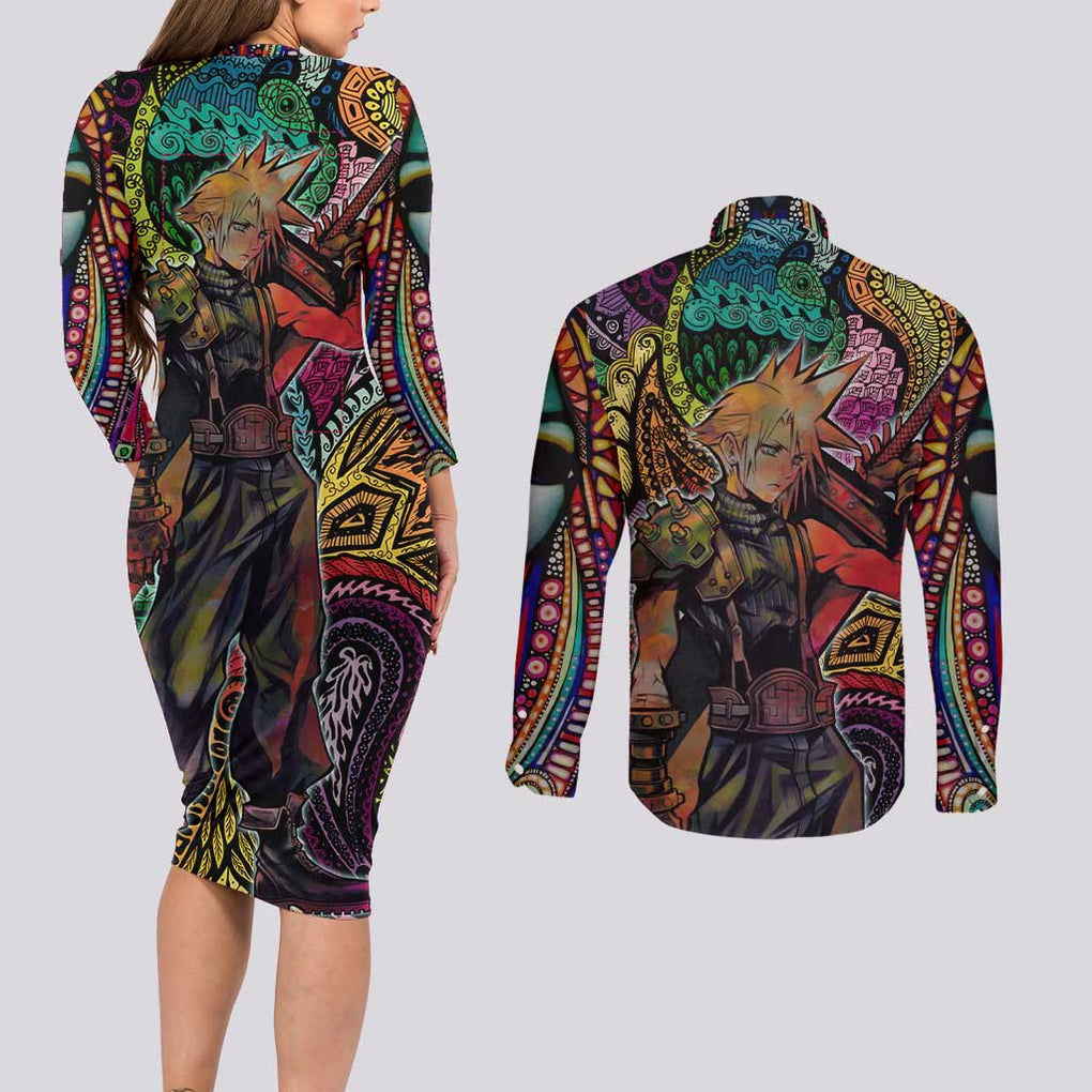 Trippy Cloud Strife Final Fantasy 7 Couples Matching Long Sleeve Bodycon Dress and Long Sleeve Button Shirt Trippy Style
