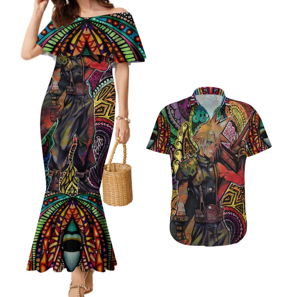 Trippy Cloud Strife Final Fantasy 7 Couples Matching Mermaid Dress and Hawaiian Shirt Trippy Style