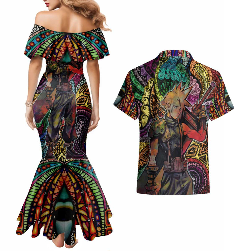 Trippy Cloud Strife Final Fantasy 7 Couples Matching Mermaid Dress and Hawaiian Shirt Trippy Style