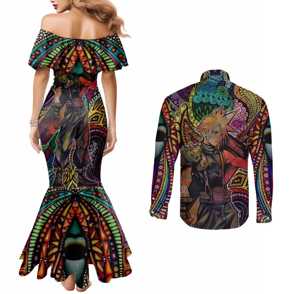 Trippy Cloud Strife Final Fantasy 7 Couples Matching Mermaid Dress and Long Sleeve Button Shirt Trippy Style