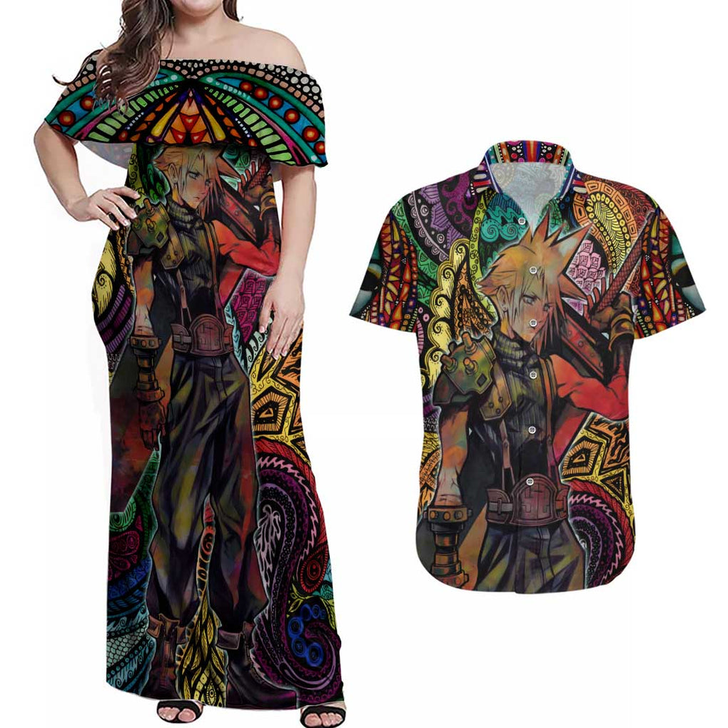 Trippy Cloud Strife Final Fantasy 7 Couples Matching Off Shoulder Maxi Dress and Hawaiian Shirt Trippy Style