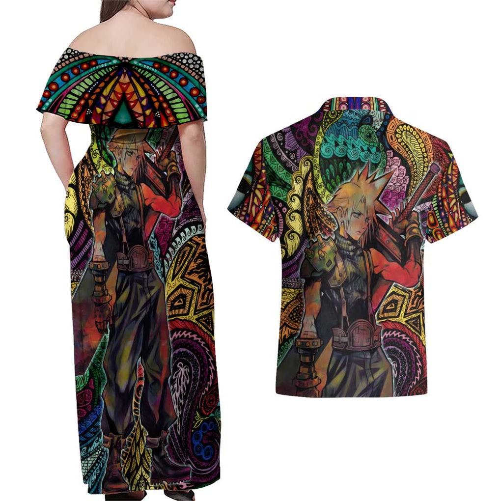 Trippy Cloud Strife Final Fantasy 7 Couples Matching Off Shoulder Maxi Dress and Hawaiian Shirt Trippy Style