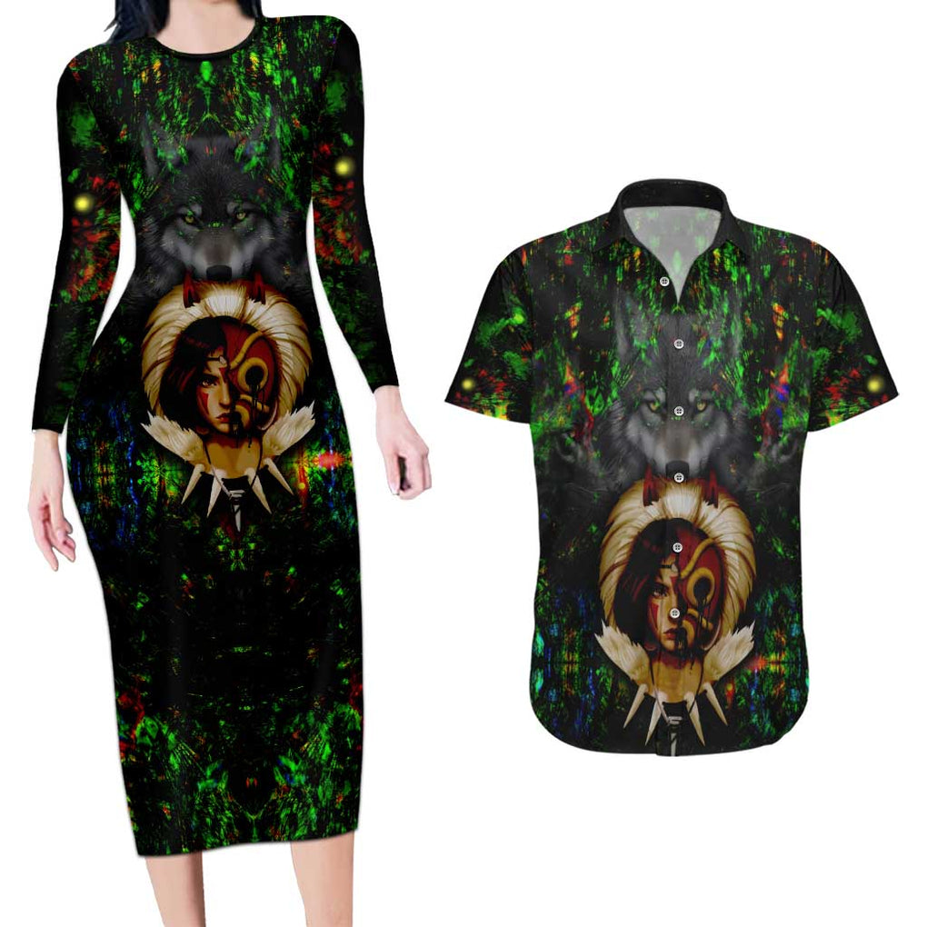 Trippy Princess Mononoke Studio Ghibli Couples Matching Long Sleeve Bodycon Dress and Hawaiian Shirt Trippy Style