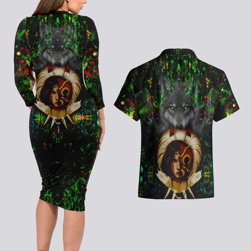 Trippy Princess Mononoke Studio Ghibli Couples Matching Long Sleeve Bodycon Dress and Hawaiian Shirt Trippy Style