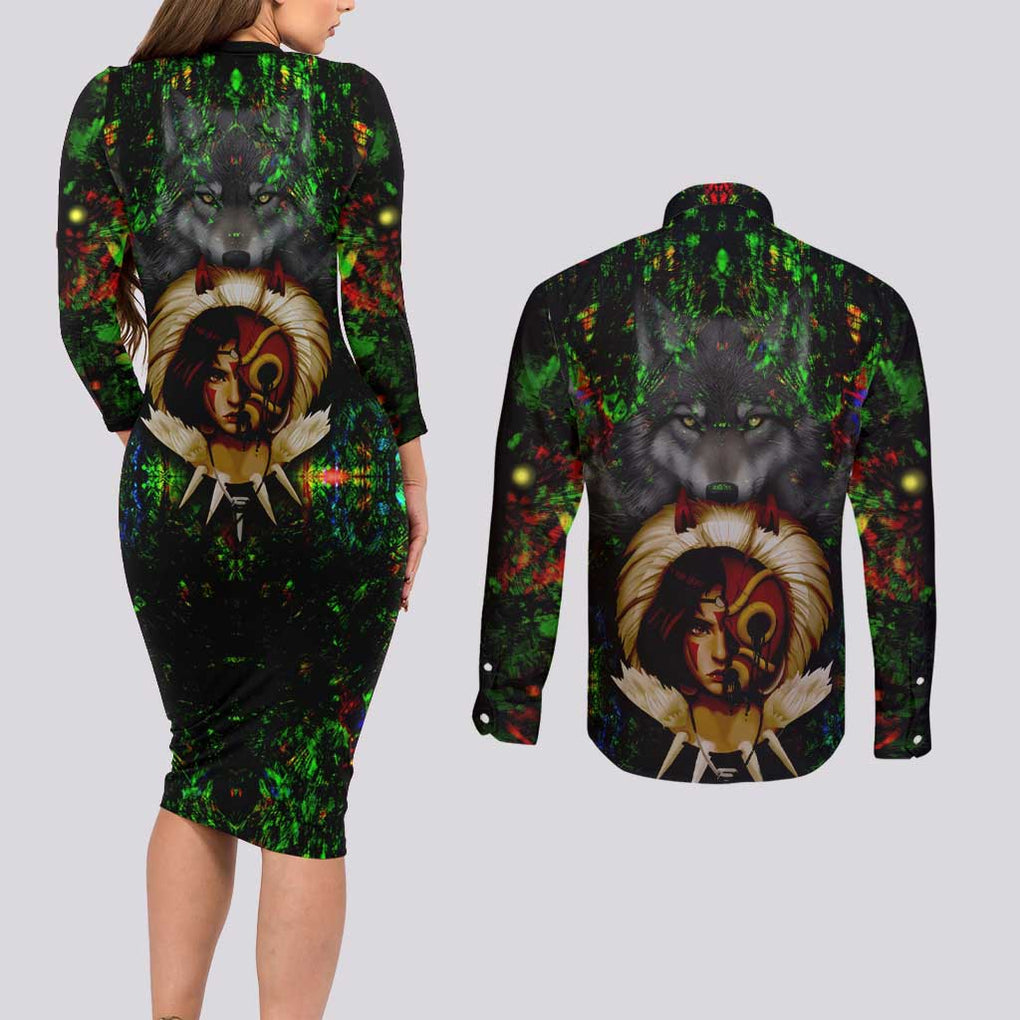 Trippy Princess Mononoke Studio Ghibli Couples Matching Long Sleeve Bodycon Dress and Long Sleeve Button Shirt Trippy Style