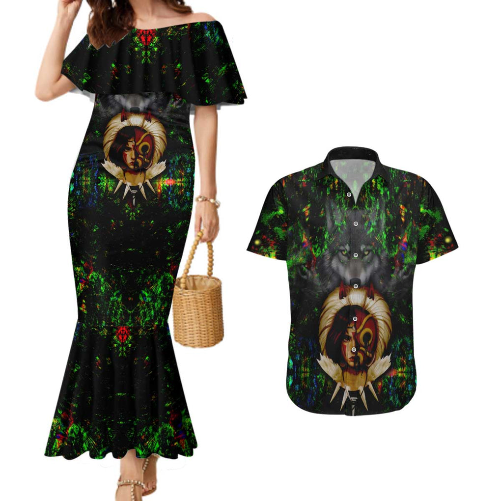Trippy Princess Mononoke Studio Ghibli Couples Matching Mermaid Dress and Hawaiian Shirt Trippy Style