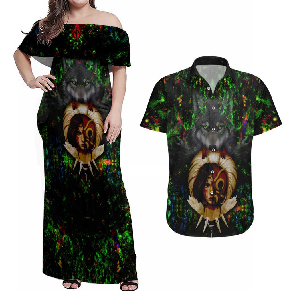 Trippy Princess Mononoke Studio Ghibli Couples Matching Off Shoulder Maxi Dress and Hawaiian Shirt Trippy Style
