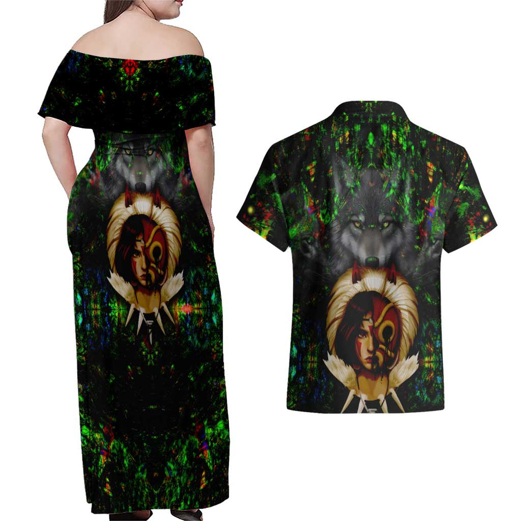 Trippy Princess Mononoke Studio Ghibli Couples Matching Off Shoulder Maxi Dress and Hawaiian Shirt Trippy Style