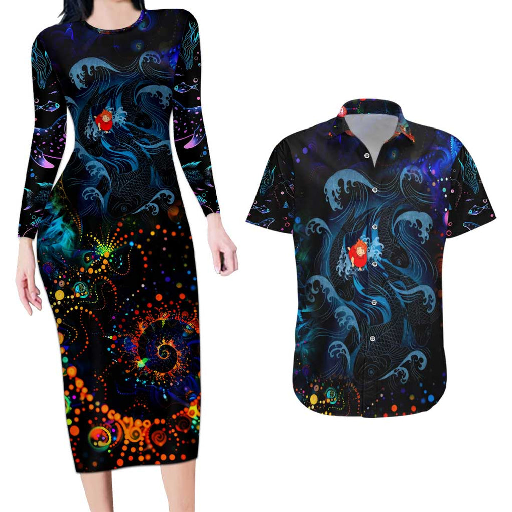 Sea Creatures Ponyo Studio Ghibli Couples Matching Long Sleeve Bodycon Dress and Hawaiian Shirt Trippy Style