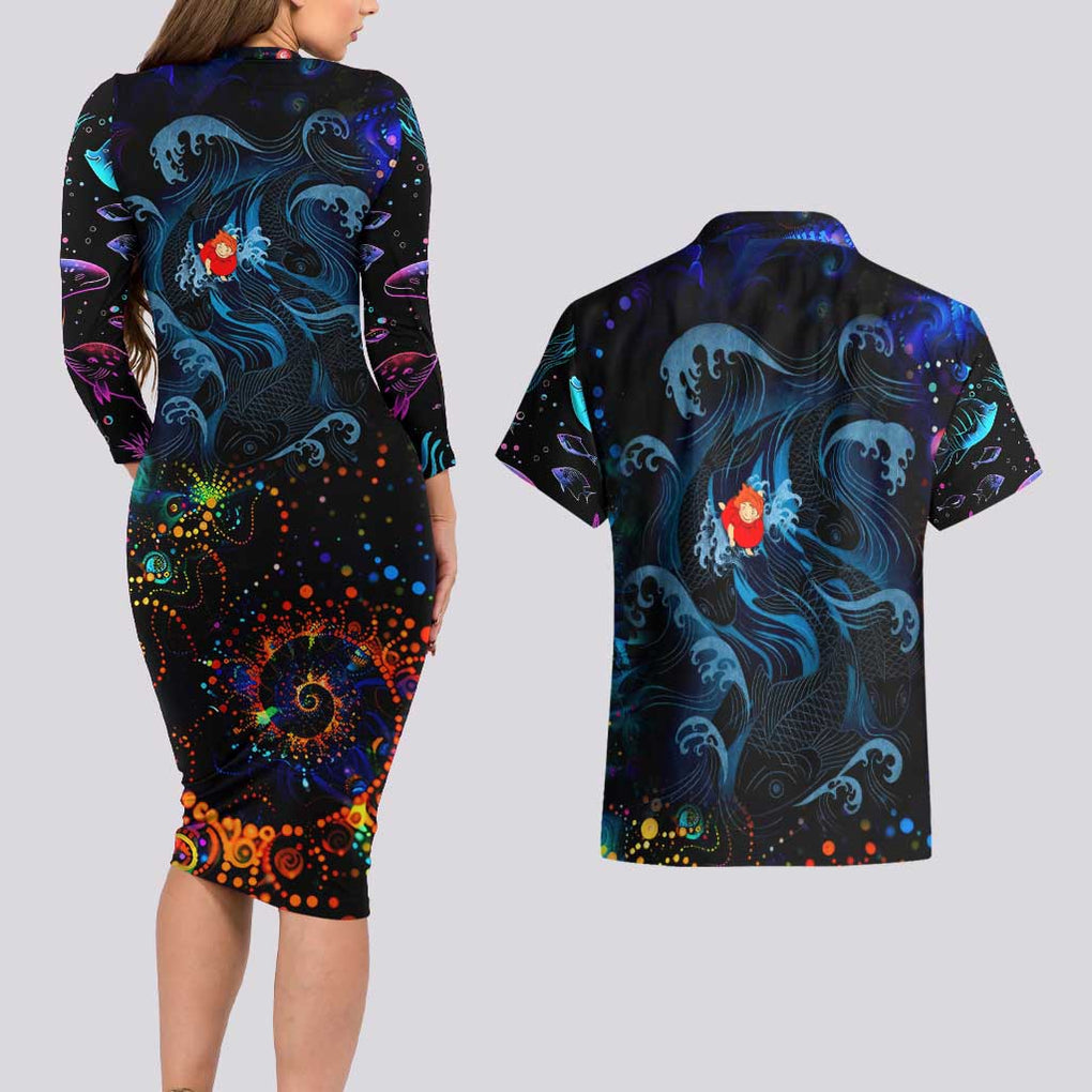 Sea Creatures Ponyo Studio Ghibli Couples Matching Long Sleeve Bodycon Dress and Hawaiian Shirt Trippy Style