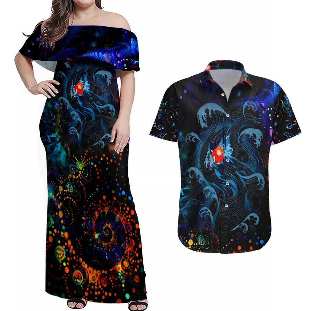 Sea Creatures Ponyo Studio Ghibli Couples Matching Off Shoulder Maxi Dress and Hawaiian Shirt Trippy Style