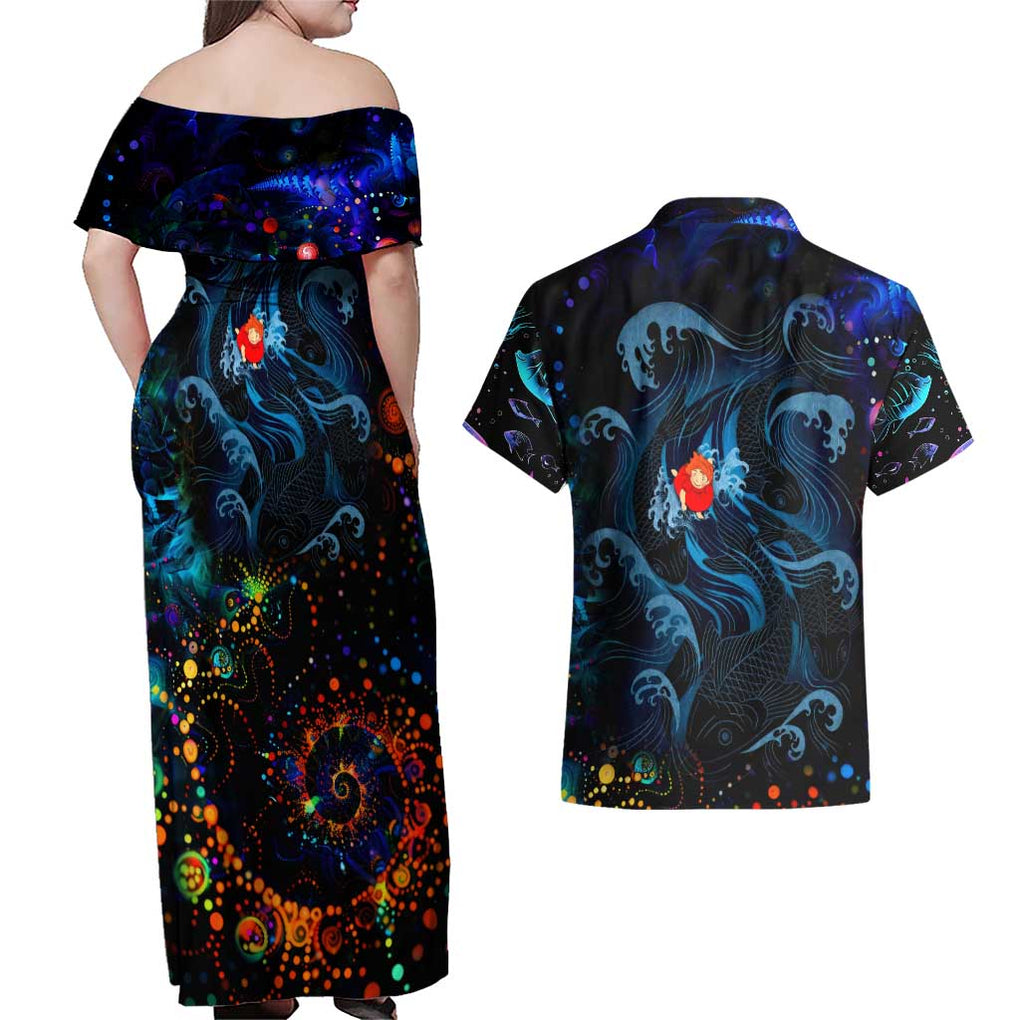 Sea Creatures Ponyo Studio Ghibli Couples Matching Off Shoulder Maxi Dress and Hawaiian Shirt Trippy Style