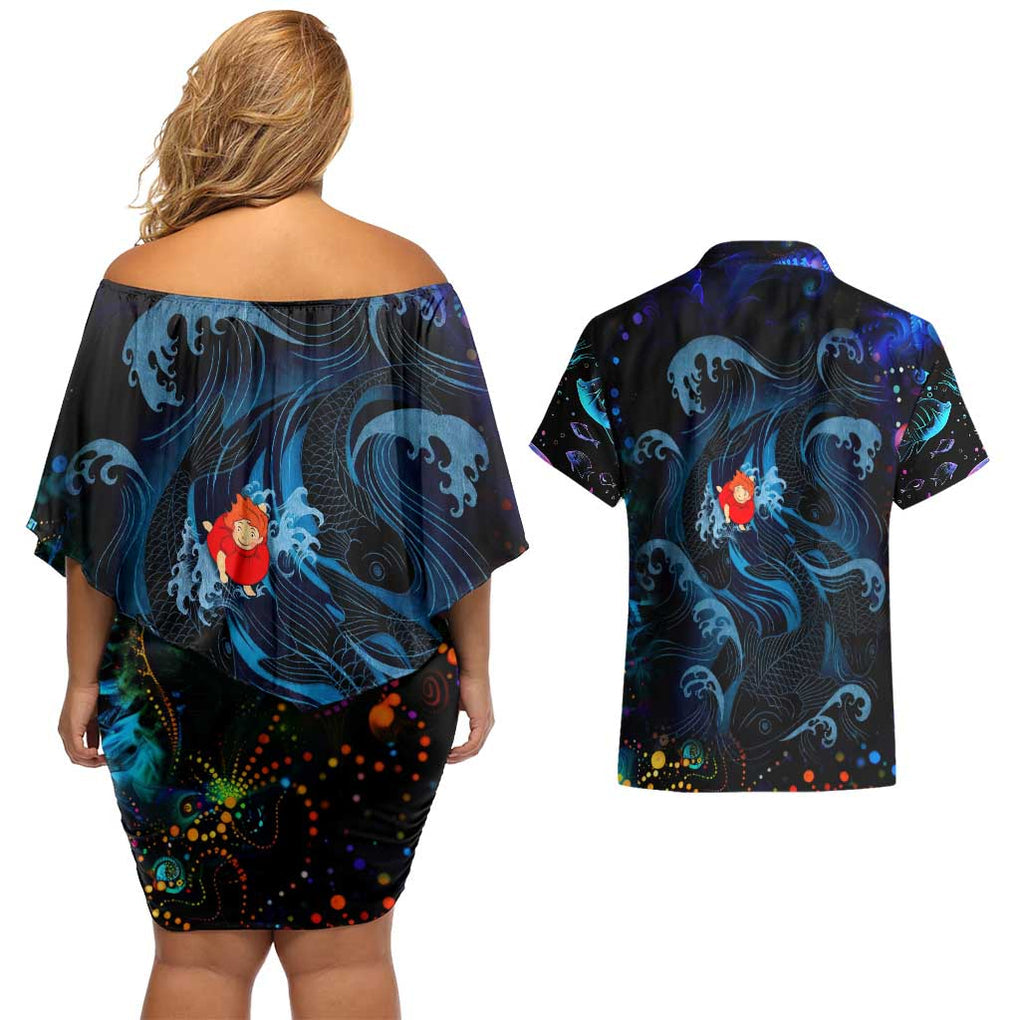 Sea Creatures Ponyo Studio Ghibli Couples Matching Off Shoulder Short Dress and Hawaiian Shirt Trippy Style