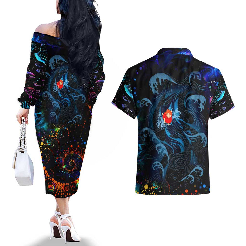 Sea Creatures Ponyo Studio Ghibli Couples Matching Off The Shoulder Long Sleeve Dress and Hawaiian Shirt Trippy Style