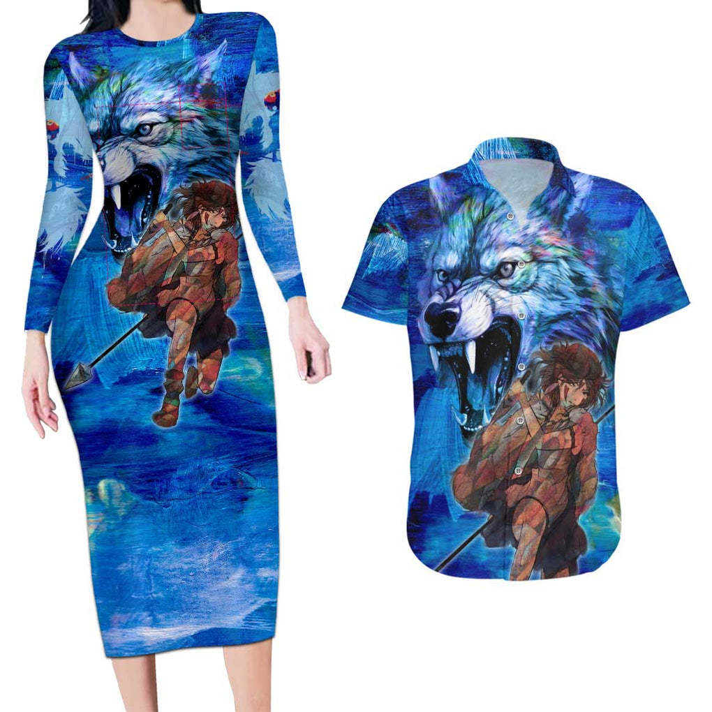 Raging Princess Mononoke Studio Ghibli Couples Matching Long Sleeve Bodycon Dress and Hawaiian Shirt Trippy Style