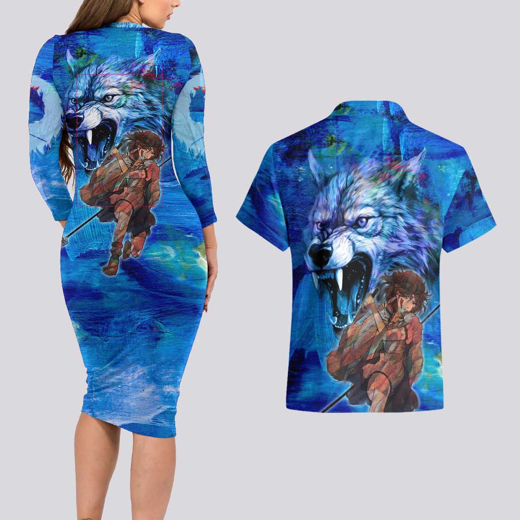 Raging Princess Mononoke Studio Ghibli Couples Matching Long Sleeve Bodycon Dress and Hawaiian Shirt Trippy Style