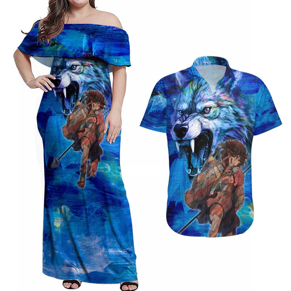 Raging Princess Mononoke Studio Ghibli Couples Matching Off Shoulder Maxi Dress and Hawaiian Shirt Trippy Style