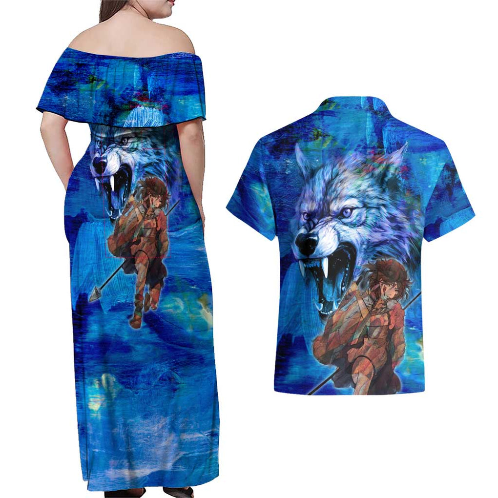Raging Princess Mononoke Studio Ghibli Couples Matching Off Shoulder Maxi Dress and Hawaiian Shirt Trippy Style
