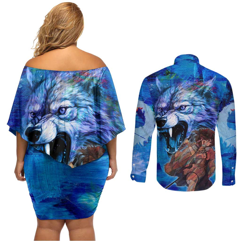 Raging Princess Mononoke Studio Ghibli Couples Matching Off Shoulder Short Dress and Long Sleeve Button Shirt Trippy Style