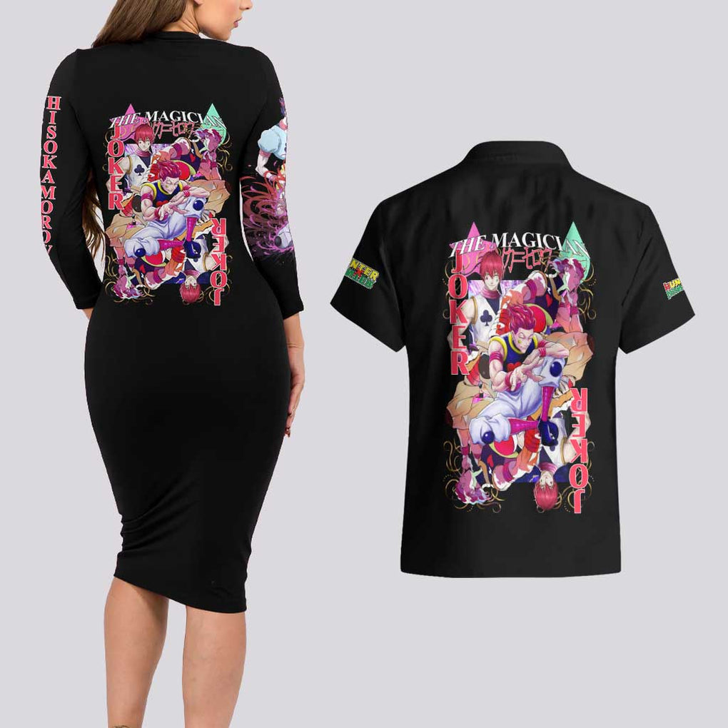 Hisoka V2 Hunter x Hunter Couples Matching Long Sleeve Bodycon Dress and Hawaiian Shirt Anime Style