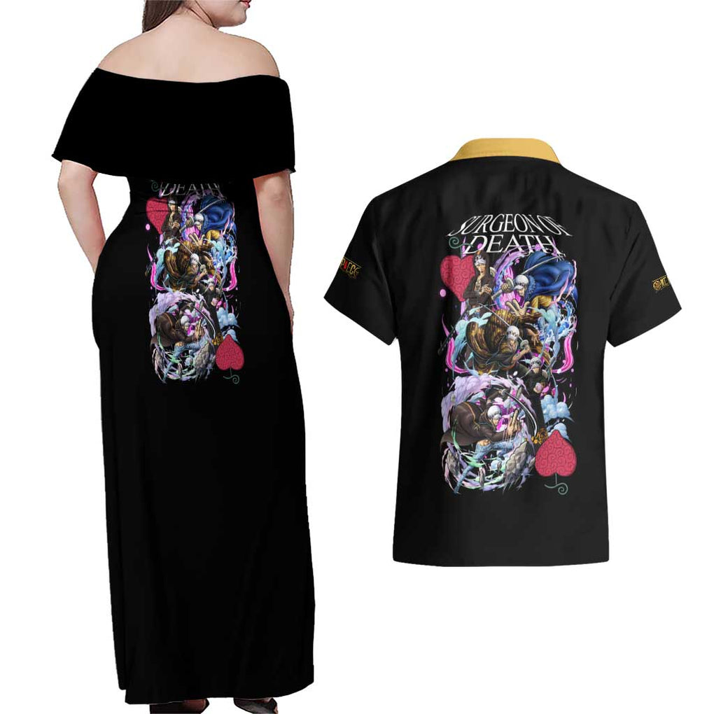 Trafalgar D. Law V4 One Piece Couples Matching Off Shoulder Maxi Dress and Hawaiian Shirt Anime Style