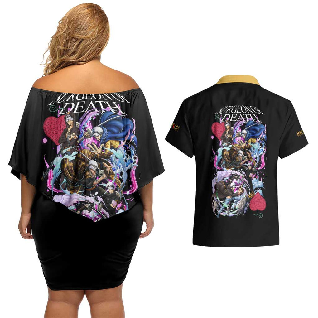 Trafalgar D. Law V4 One Piece Couples Matching Off Shoulder Short Dress and Hawaiian Shirt Anime Style