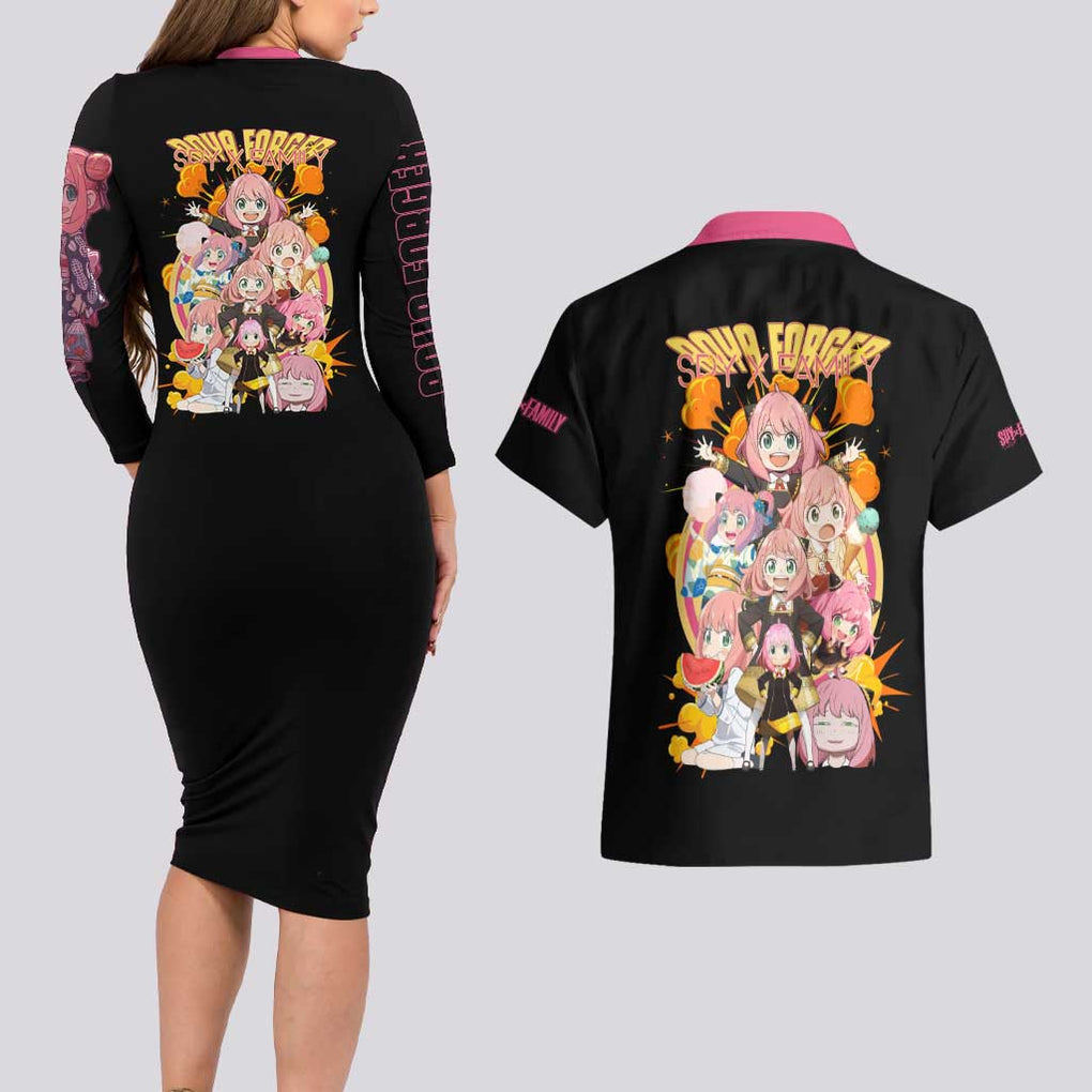 Anya Forger V2 Spy x Family Couples Matching Long Sleeve Bodycon Dress and Hawaiian Shirt Anime Style