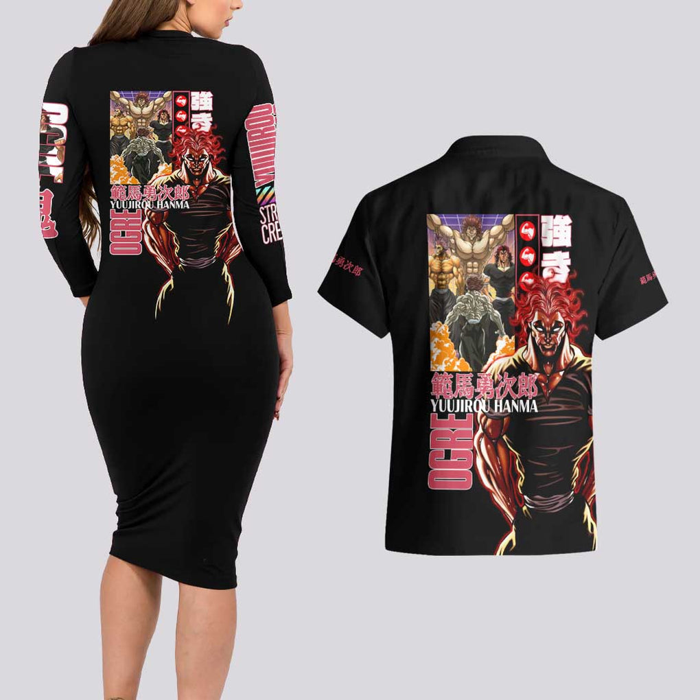 Yuujirou Hanma Baki Couples Matching Long Sleeve Bodycon Dress and Hawaiian Shirt Anime Style