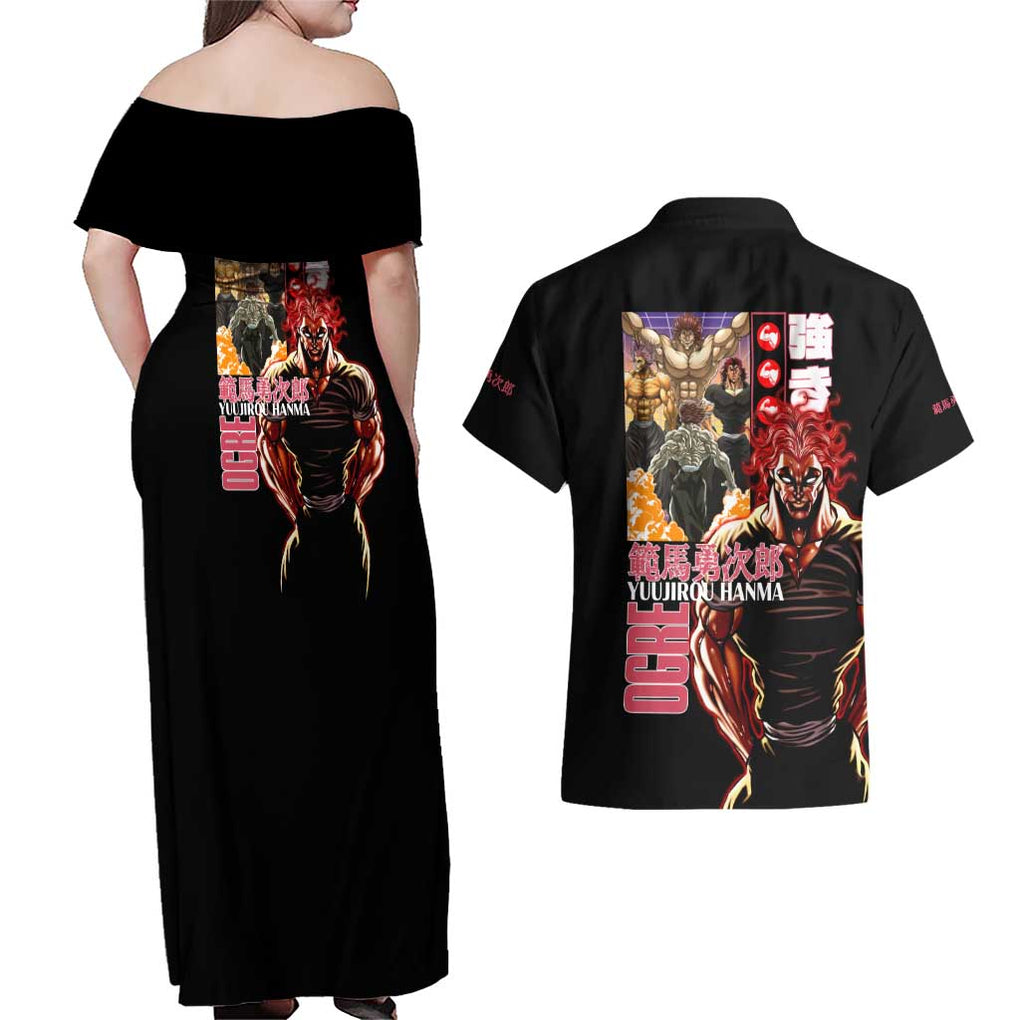Yuujirou Hanma Baki Couples Matching Off Shoulder Maxi Dress and Hawaiian Shirt Anime Style