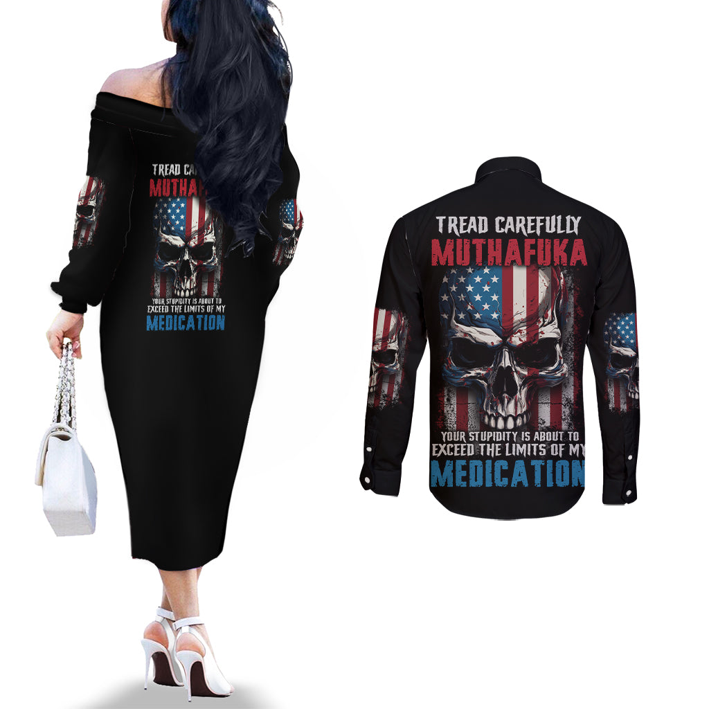 tread-carefully-muthafuka-couples-matching-off-the-shoulder-long-sleeve-dress-and-long-sleeve-button-shirt