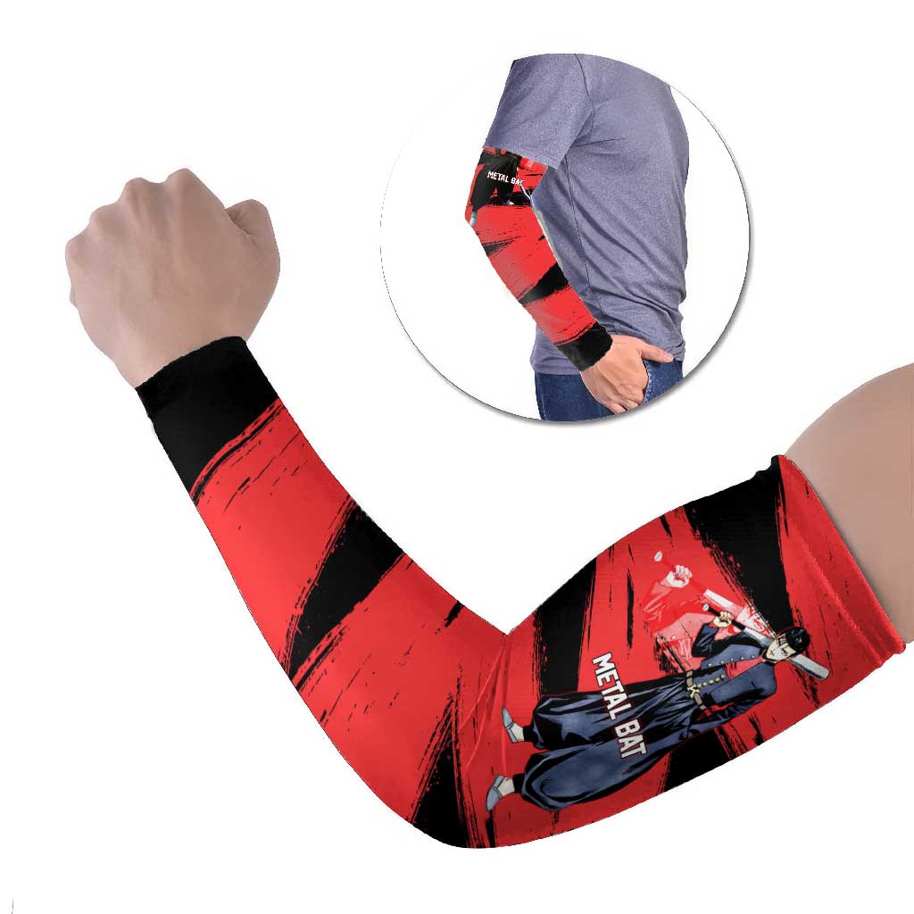 Metal Bat One Punch Man Anime Red and Black Theme Arm Sleeves with Street Fighter Style and Bold Bat Stance - The Mazicc