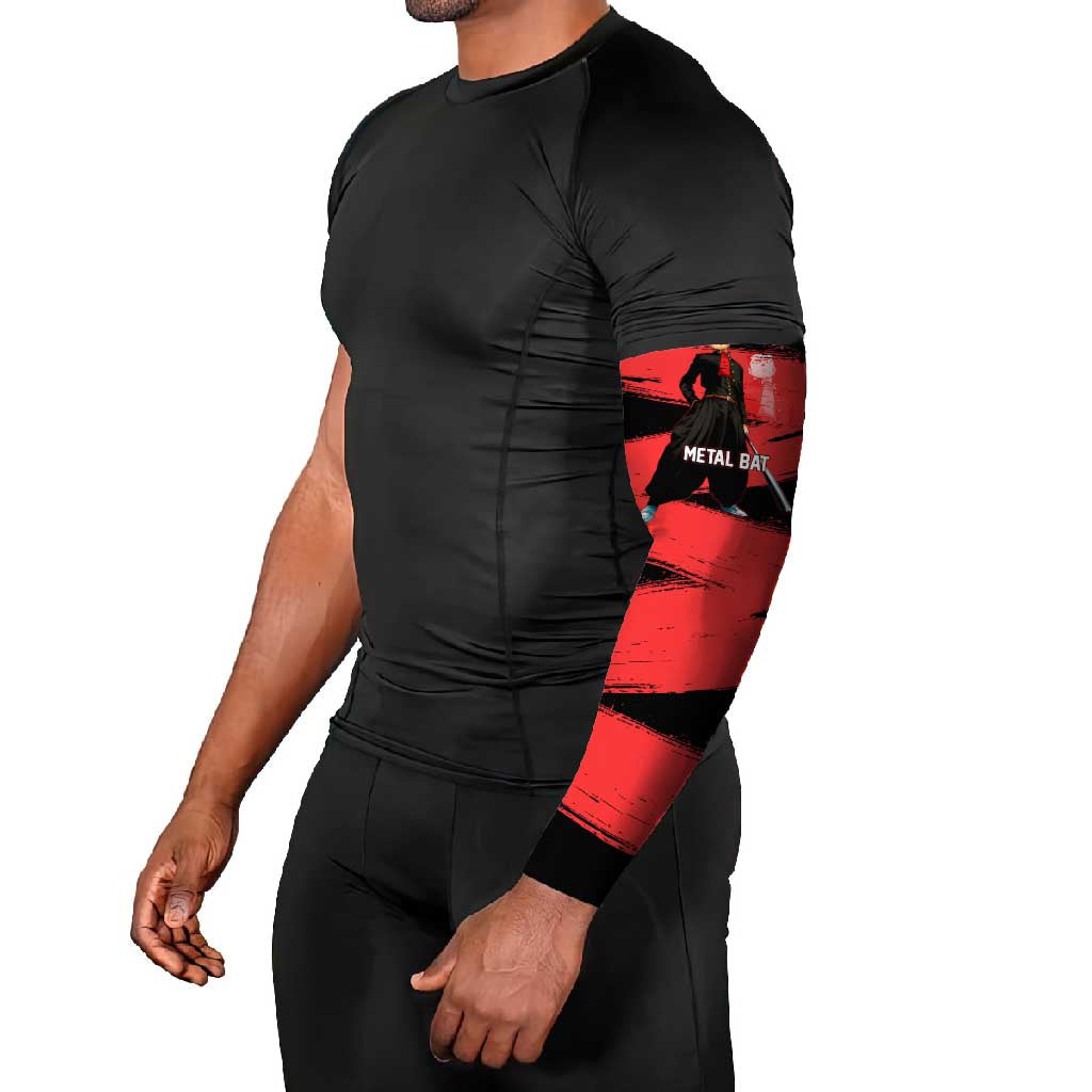 Metal Bat One Punch Man Anime Red and Black Theme Arm Sleeves with Street Fighter Style and Bold Bat Stance - The Mazicc