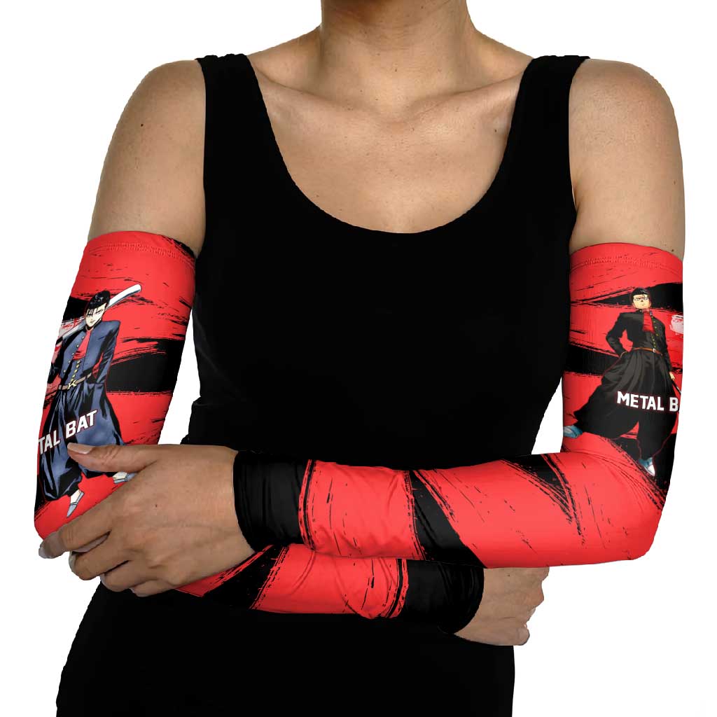 Metal Bat One Punch Man Anime Red and Black Theme Arm Sleeves with Street Fighter Style and Bold Bat Stance - The Mazicc