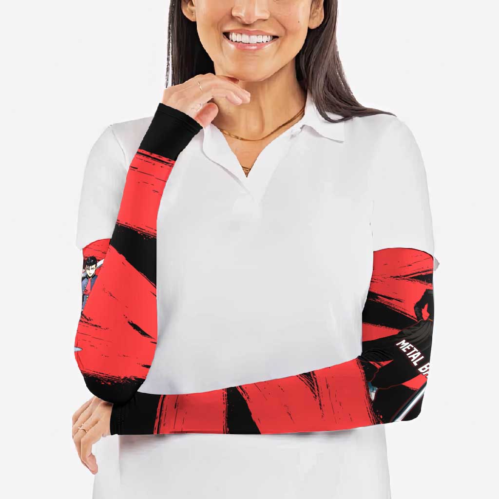Metal Bat One Punch Man Anime Red and Black Theme Arm Sleeves with Street Fighter Style and Bold Bat Stance - The Mazicc