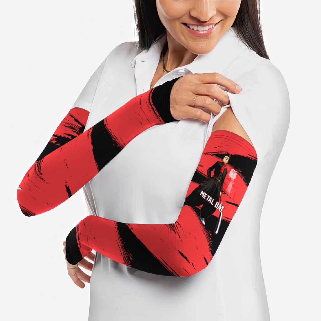 Metal Bat One Punch Man Anime Red and Black Theme Arm Sleeves with Street Fighter Style and Bold Bat Stance - The Mazicc