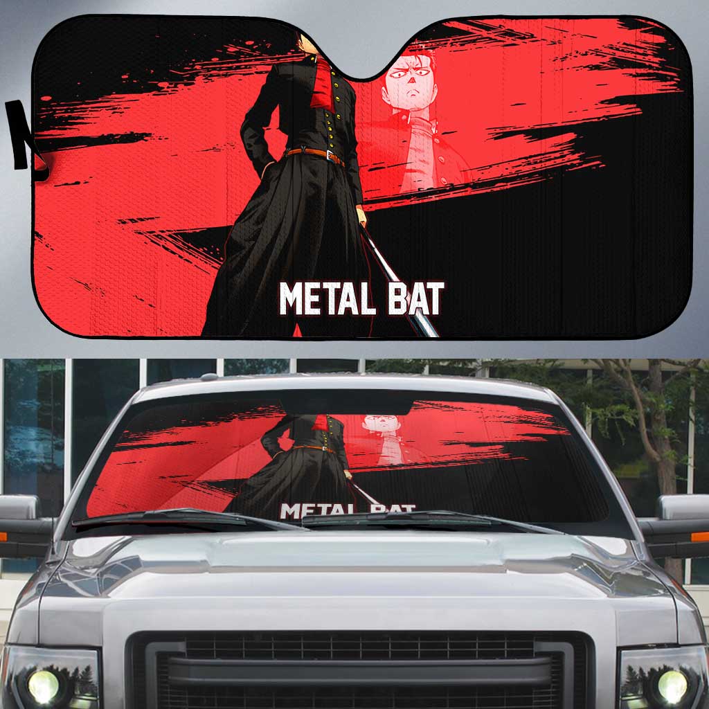 Metal Bat One Punch Man Anime Red and Black Theme Auto Sun Shade with Street Fighter Style and Bold Bat Stance - The Mazicc