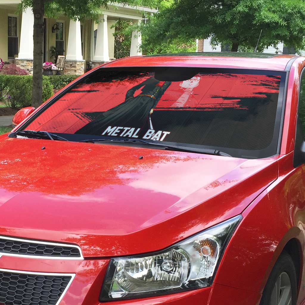 Metal Bat One Punch Man Anime Red and Black Theme Auto Sun Shade with Street Fighter Style and Bold Bat Stance - The Mazicc