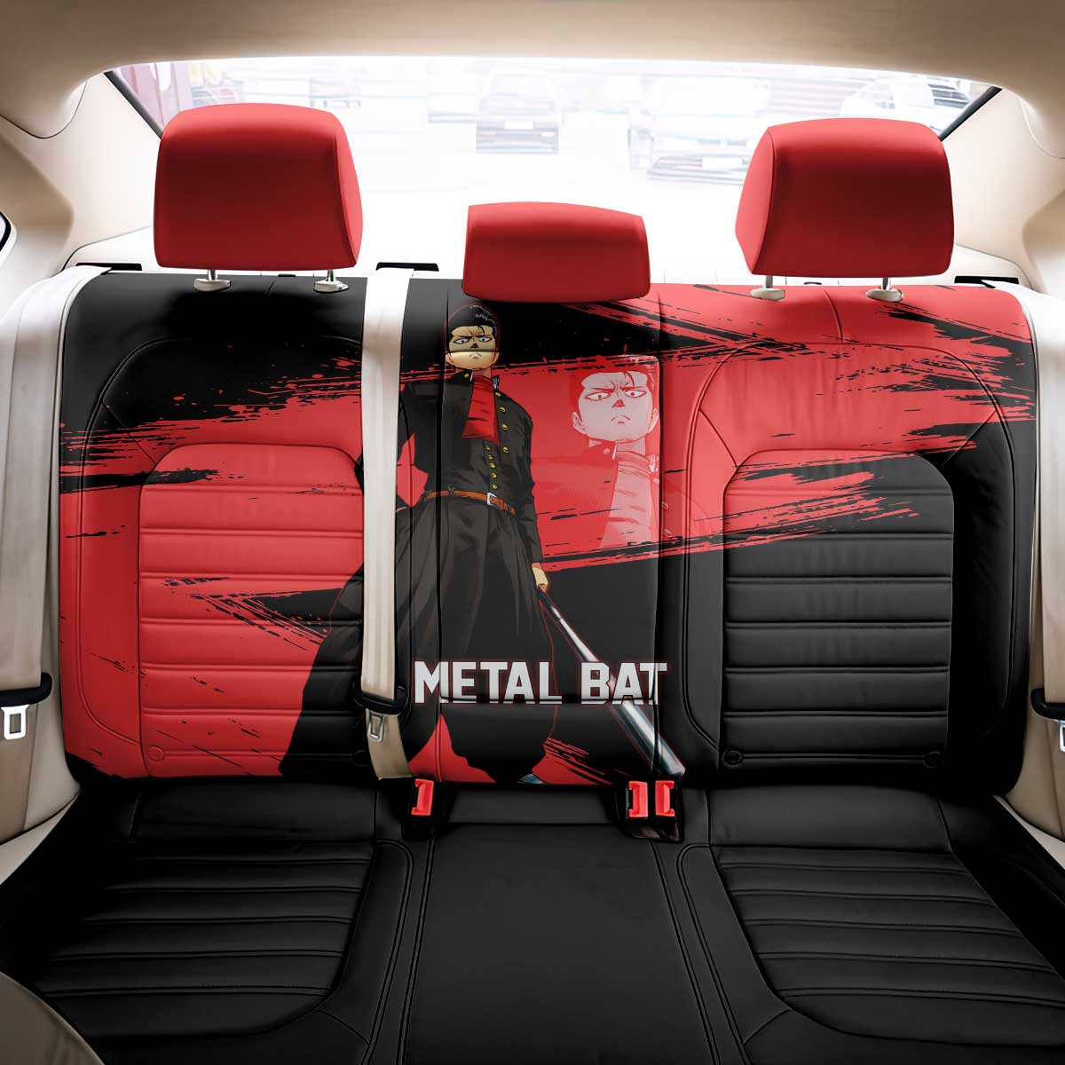 Metal Bat One Punch Man Anime Red and Black Theme Back Car Seat Cover with Street Fighter Style and Bold Bat Stance - The Mazicc