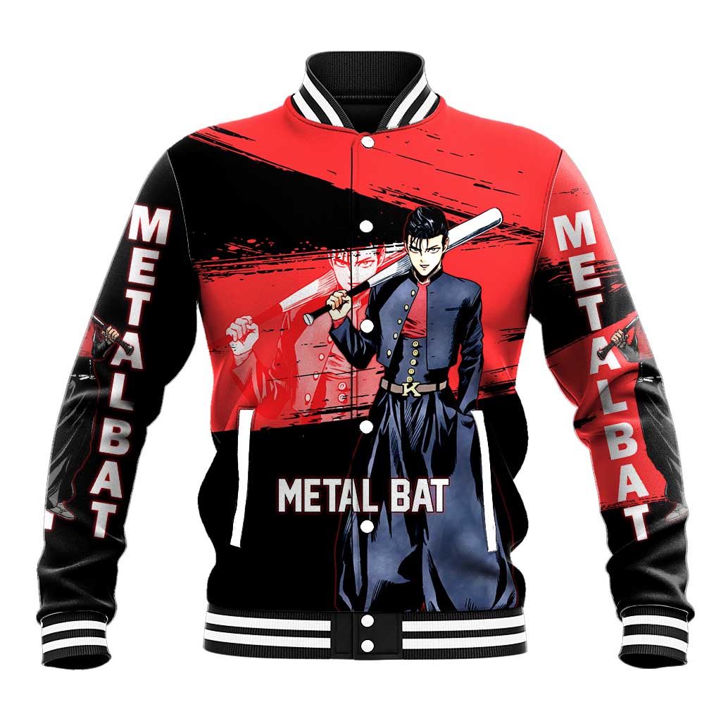Metal Bat One Punch Man Anime Red and Black Theme Baseball Jacket with Street Fighter Style and Bold Bat Stance - The Mazicc