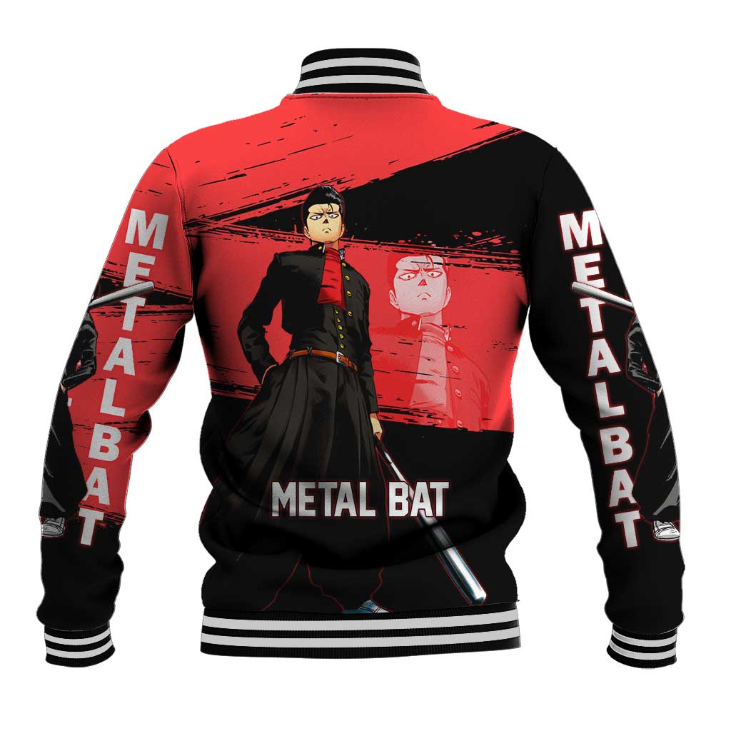 Metal Bat One Punch Man Anime Red and Black Theme Baseball Jacket with Street Fighter Style and Bold Bat Stance - The Mazicc