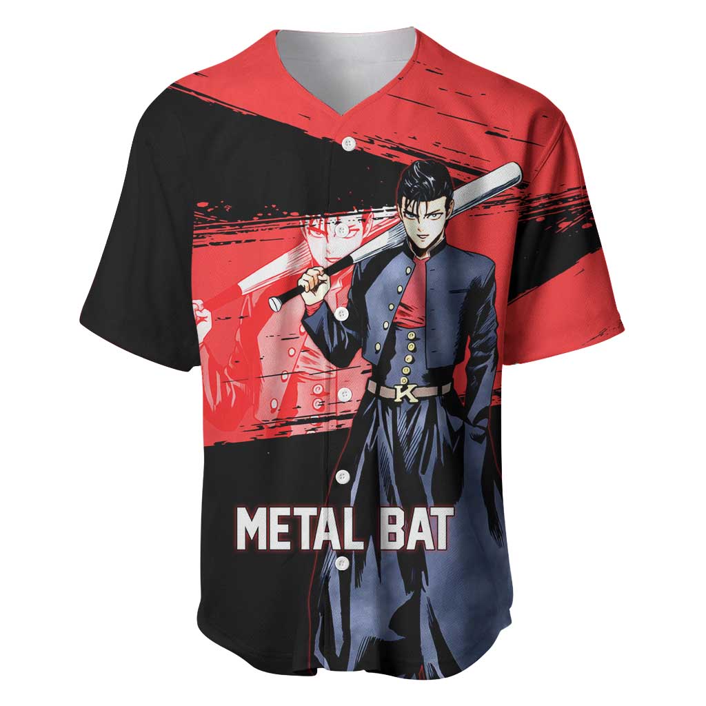 Metal Bat One Punch Man Anime Red and Black Theme Baseball Jersey with Street Fighter Style and Bold Bat Stance - The Mazicc